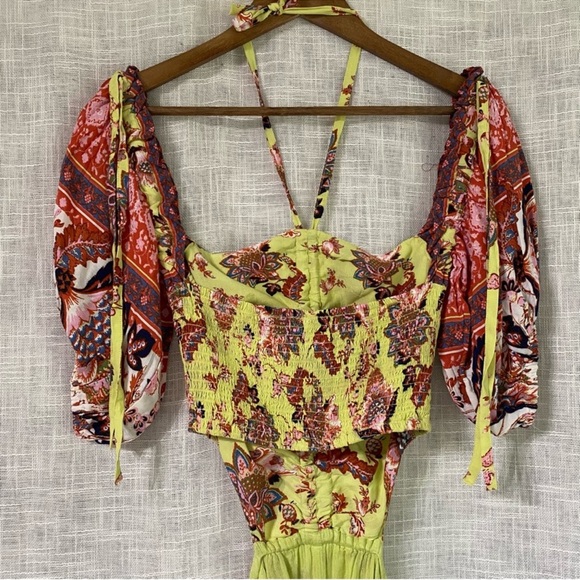 FREE PEOPLE Bali Citrus Skies Paisley Ruched
Halter Neck Flowy Jumpsuit - Picture 7 of 13